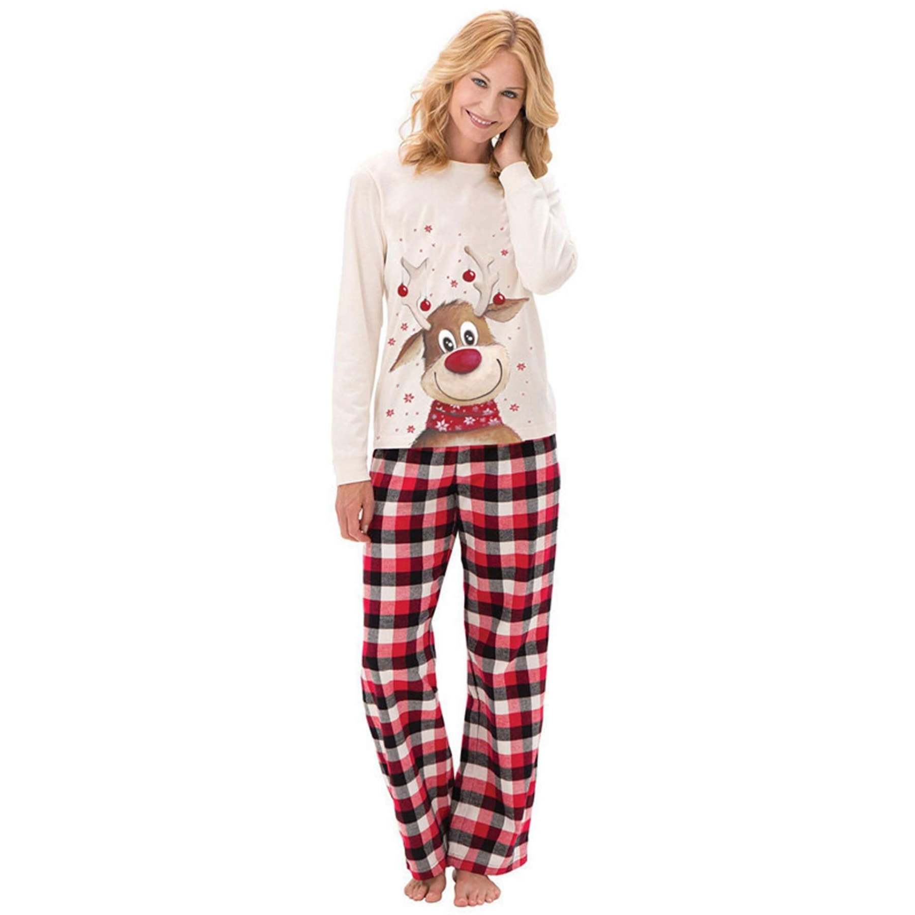 Plus Size Long/Short Sleeve Cute Deer Print Plaid Matching Pajamas Set for Family-xinru shop