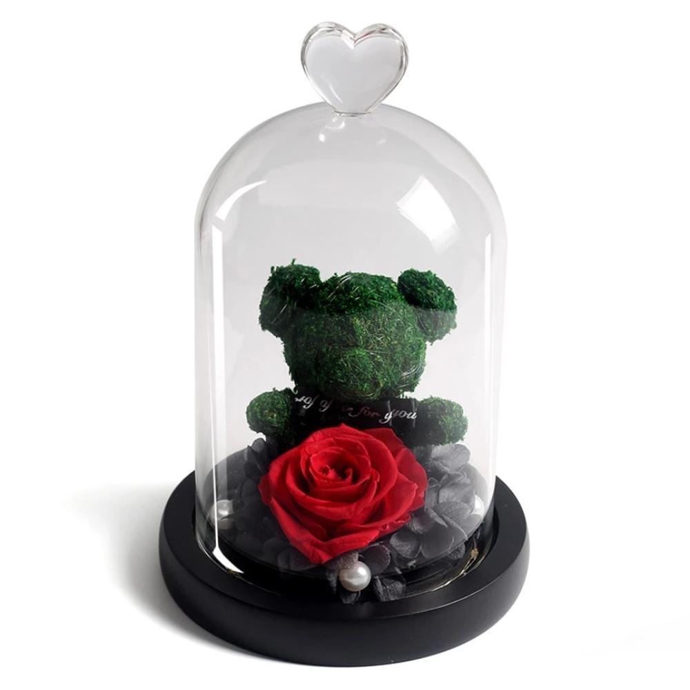 Immortal Preserved Rose Teddy Bear Glass LED Display-xinru