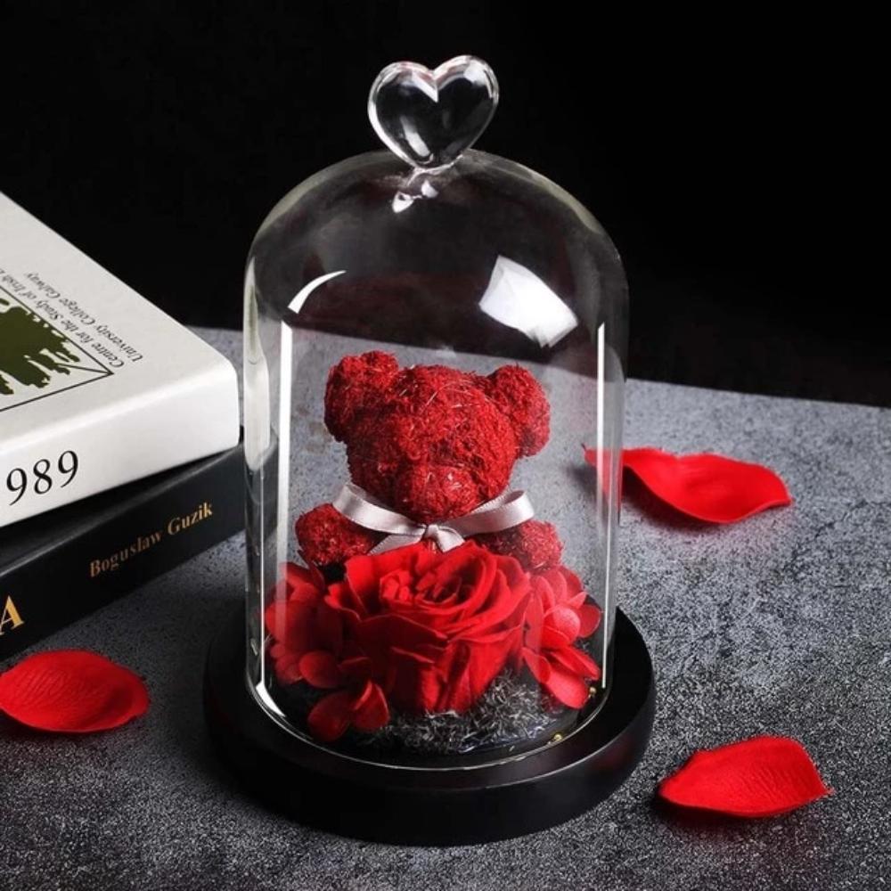 Immortal Preserved Rose Teddy Bear Glass LED Display-xinru
