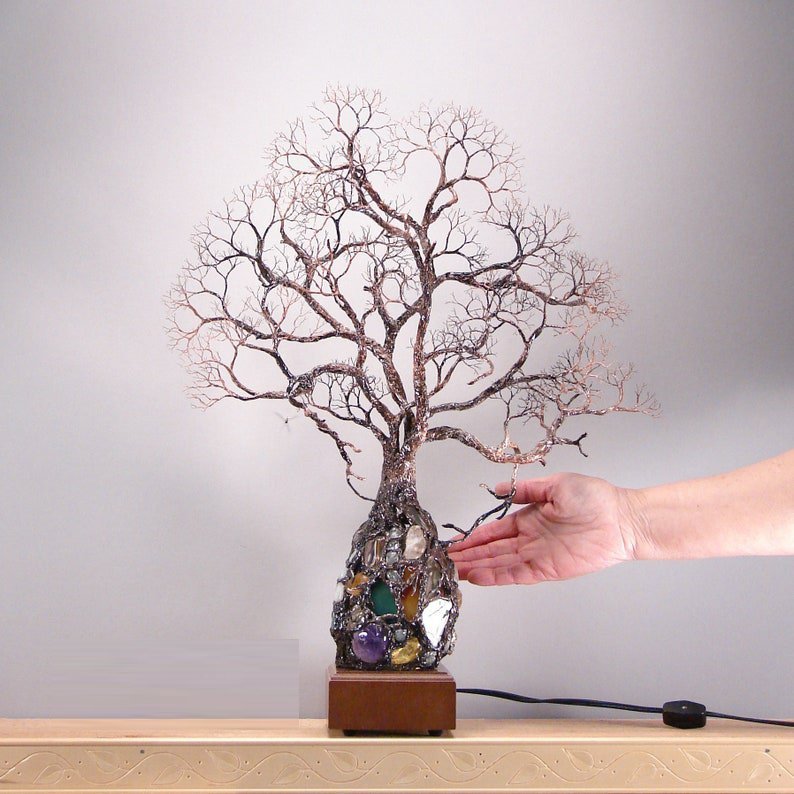 Ancient Tree Metal Sculpture Gemstone Accent Lamp-xinru