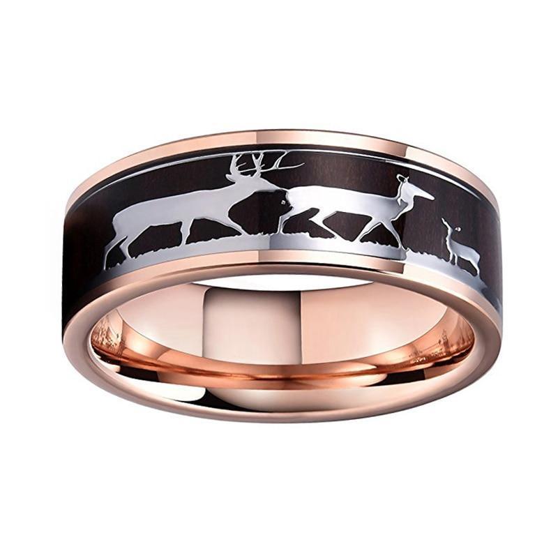 Christmas Deer Family Dark Wood Rose Gold Tungsten Unisex Ring-xinru