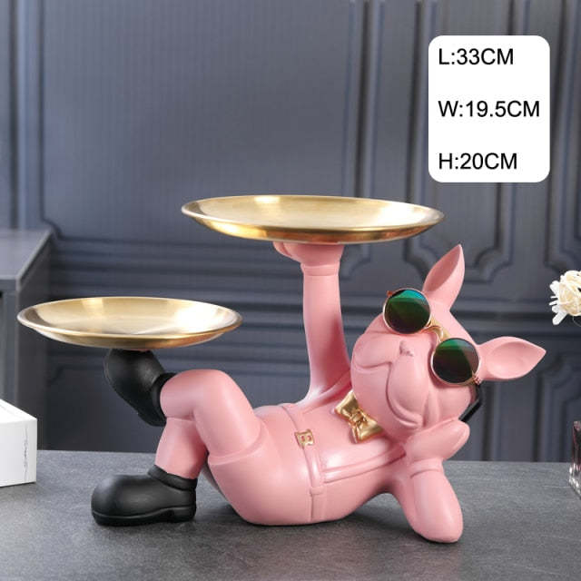 Resin Decorated Dog Butler Statue With Tray-xinru