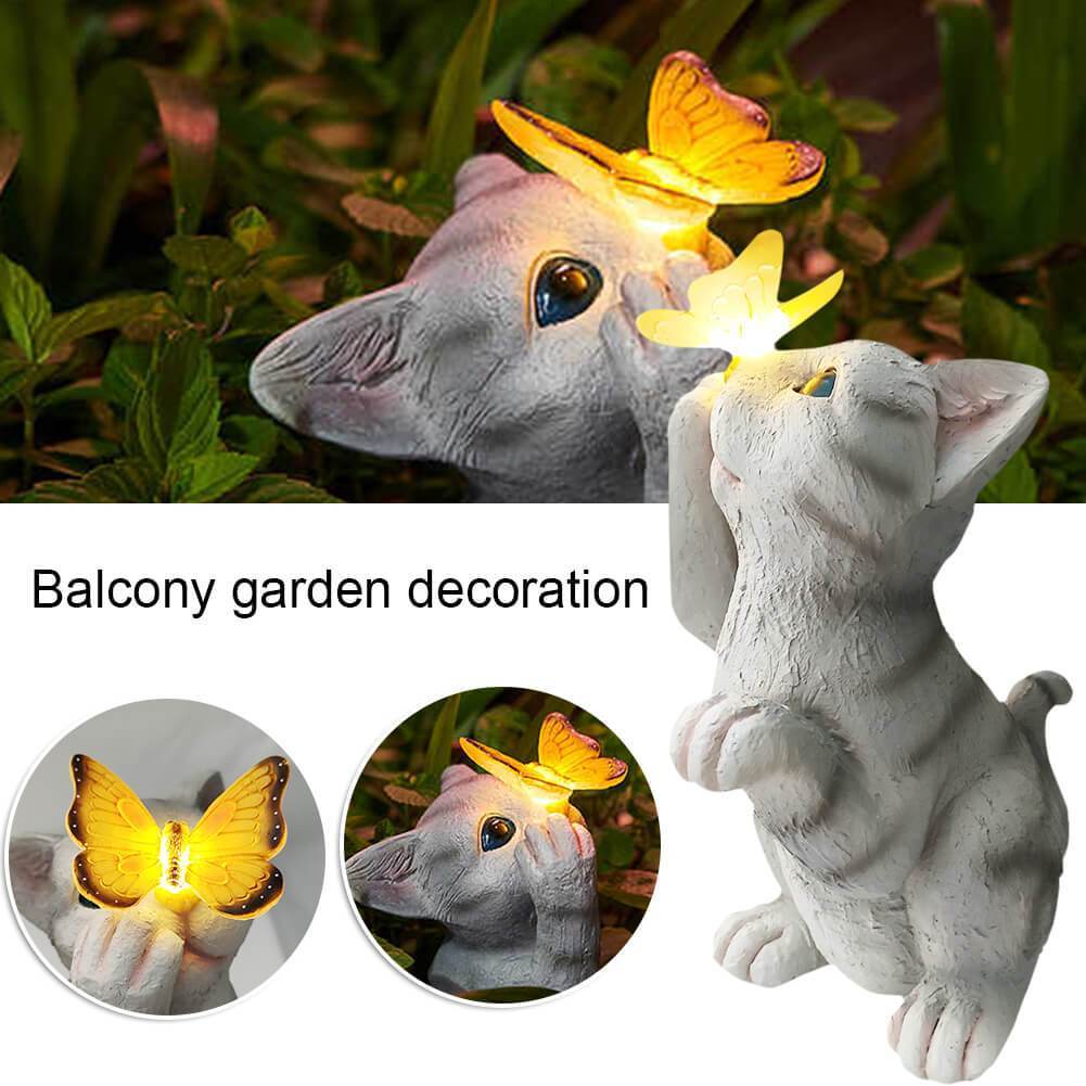 Garden Statue Solar Cat Resin with Butterfly Resin LED Night Light-xinru