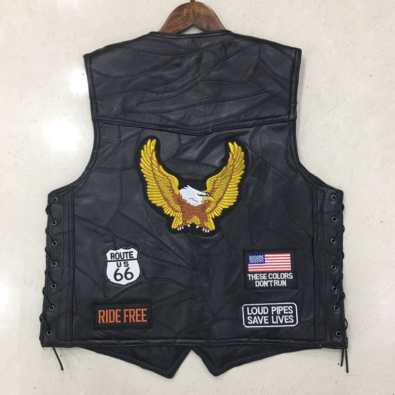 Hand Embroidery Motorcycle Leather Vest For Rider Golden Eagle-xinru shop