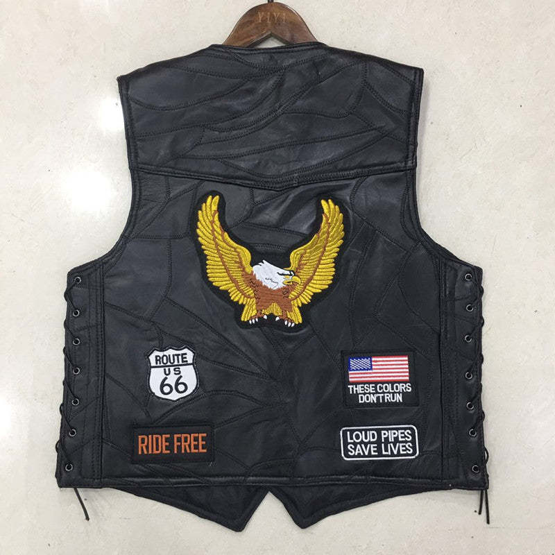 Hand Embroidery Motorcycle Leather Vest For Rider Golden Eagle-xinru shop