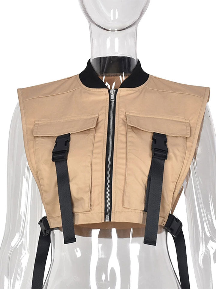 Women Pockets Buckle Zipper Cropped Vest-xinru