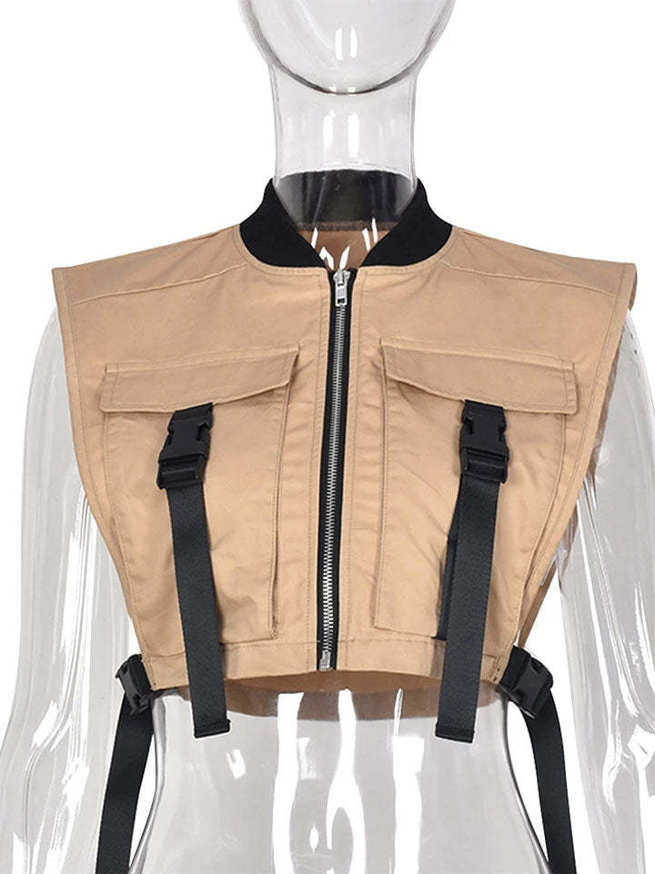 Women Pockets Buckle Zipper Cropped Vest-xinru