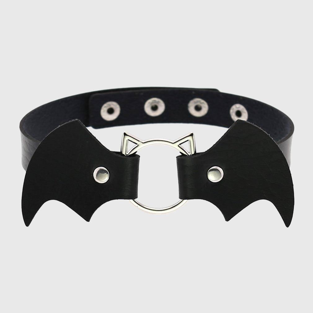 Women Heart Rivet Bat Wings Black Leather Choker Collar Necklace Party-xinru
