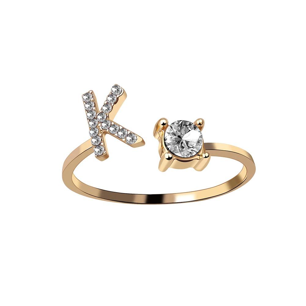 Golden Adjustable A-Z Personalized Initial Letter with Rhinestone Rings-xinru