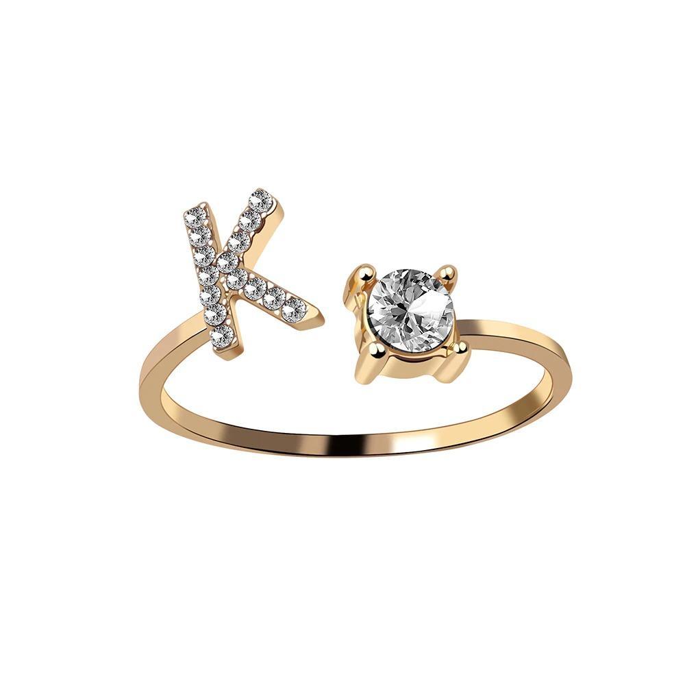 Golden Adjustable A-Z Personalized Initial Letter with Rhinestone Rings-xinru