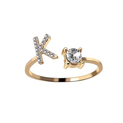 Golden Adjustable A-Z Personalized Initial Letter with Rhinestone Rings-xinru