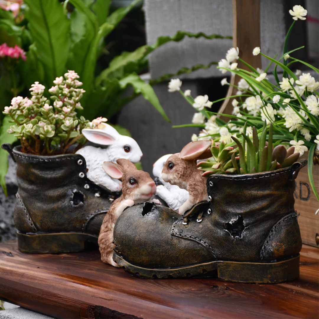 Cute Bunny Playing In Shoes Statue Flowerpot Home Sculpture Resin Floor Vase-xinru