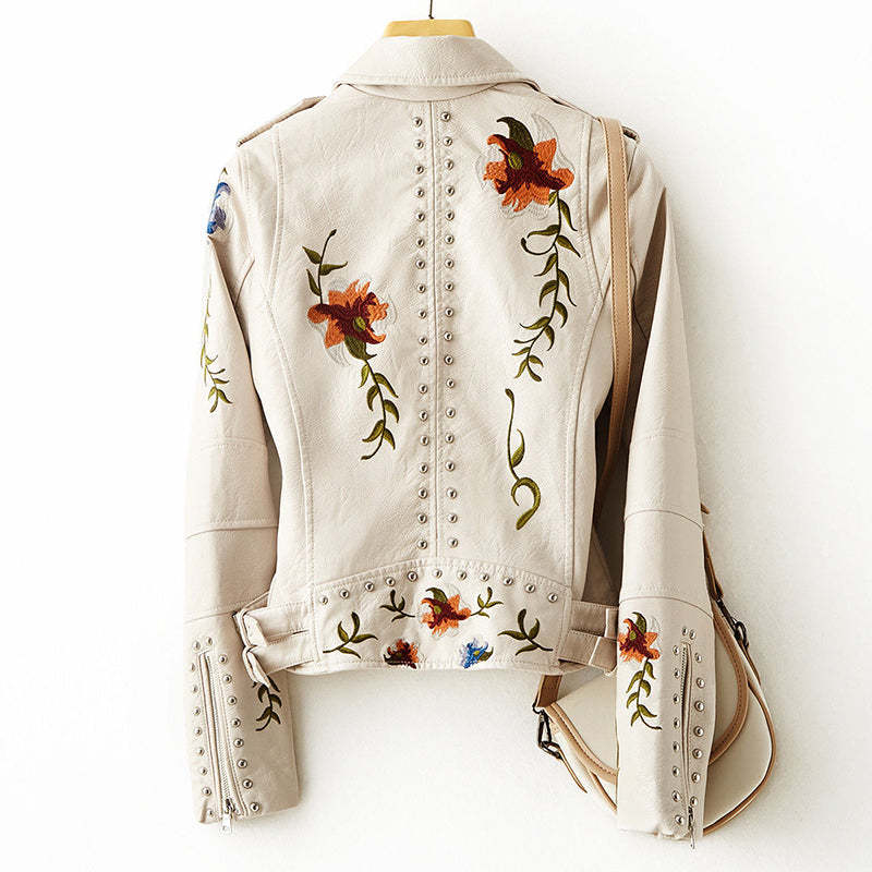 Retro Floral Print Embroidery Faux Soft Leather Jacket-xinru