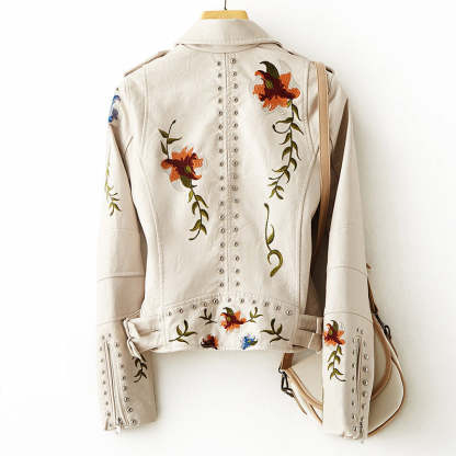 Retro Floral Print Embroidery Faux Soft Leather Jacket-xinru