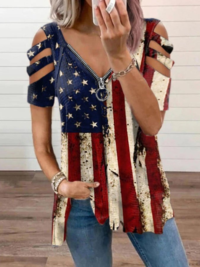 Women Independence Day Clothing Retro Flag Short Sleeve T-Shirt-xinru