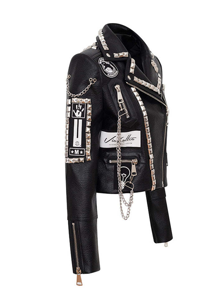 Women Locomotive Cool Punk Style Black Leather Jacket With Chains Rivets-xinru
