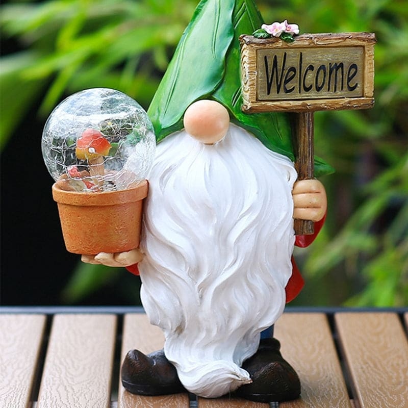 Garden Gnomes Statue With Solar Lights Figurines Holding Welcome Sign-xinru