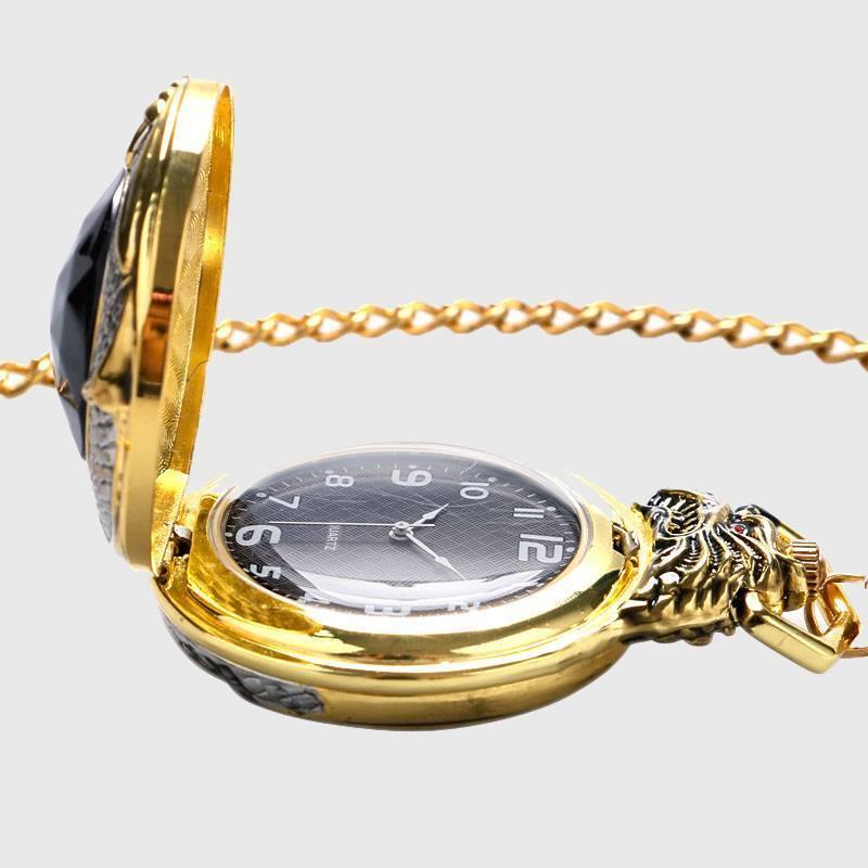 Red Garnet Inset Gold Tone Cover Pocket Watch Luxury Evil Dragon Quartz Clock-xinru