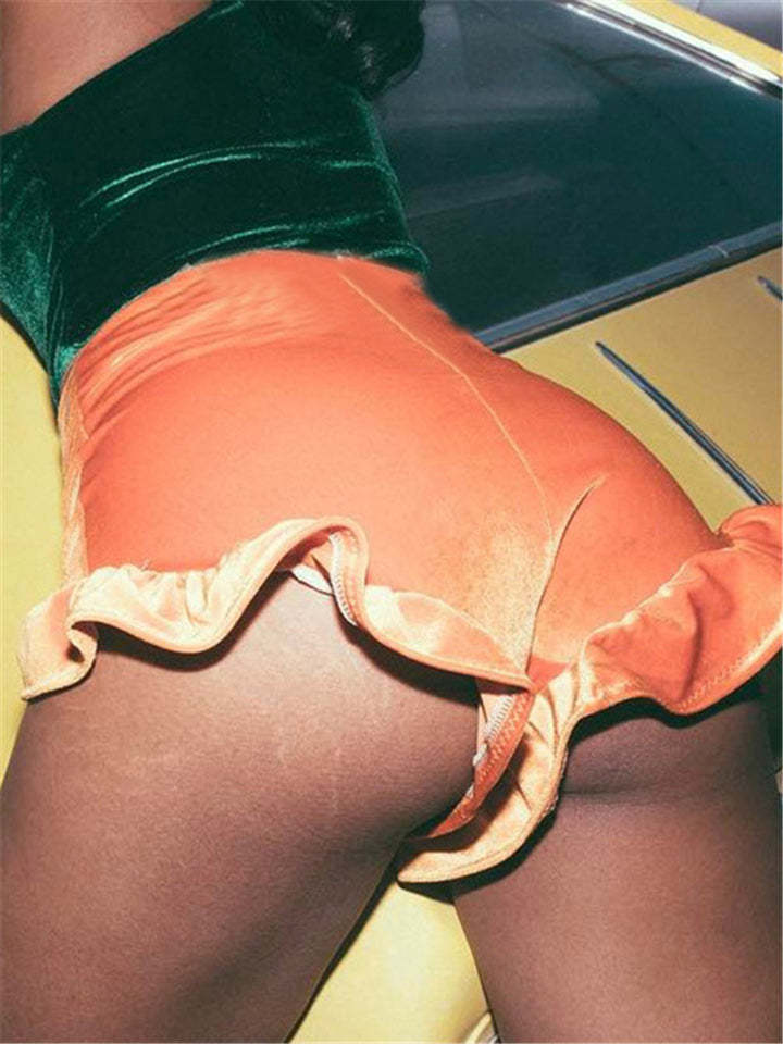 Women Velvet Shorts Casual High Waist Sexy Ruffle Shorts-xinru