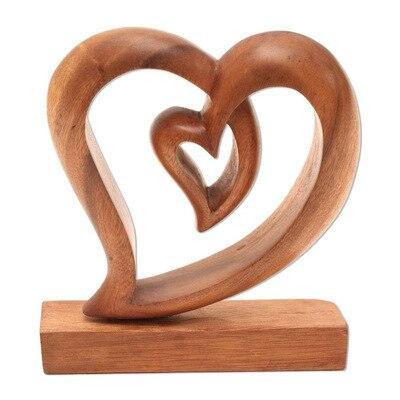 Wooden Heart Ornaments Sculpture Couple Kissing Statue Love Art-xinru