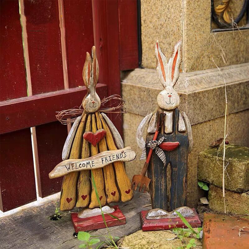 Retro Style Rabbit Shape Wooden Garden Statue Ornaments-xinru