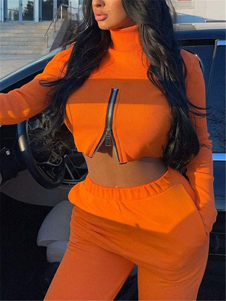Women High Neck Sexy Zipper Solid Color Crop Tops-xinru