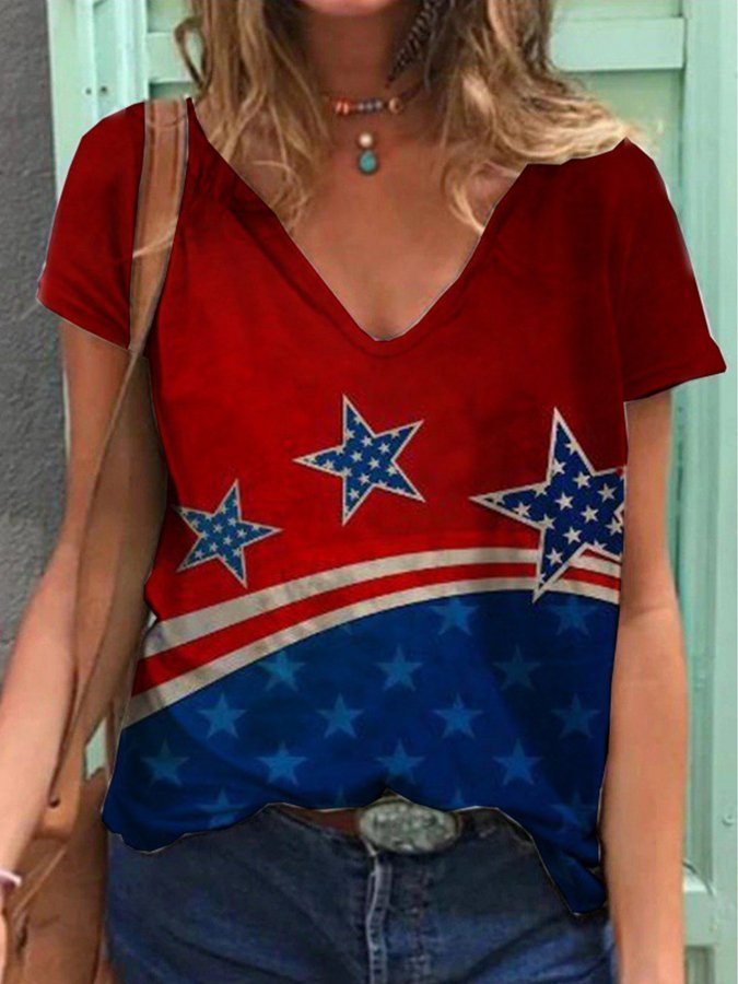 Women Independence Day Clothing Flag Print Short Sleeve T-Shirt-xinru