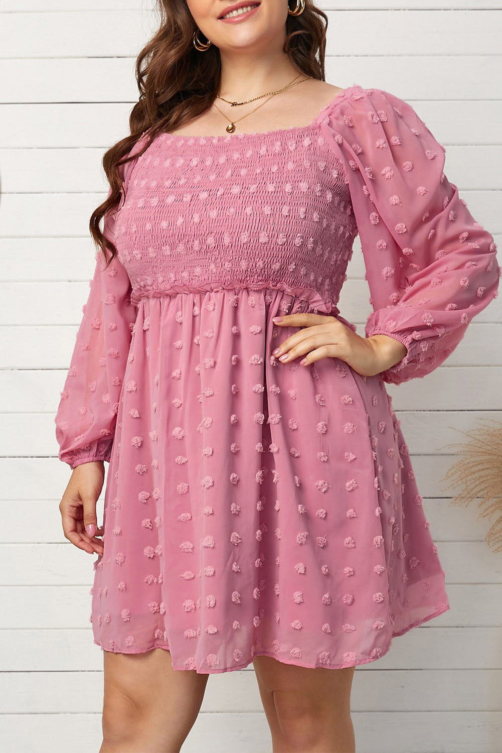 Pink Swiss Dot Smocked Puff Sleeve Plus Size Dress-xinru