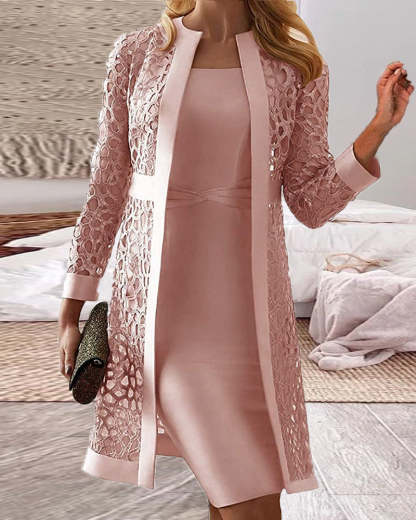 Women's Solid Color Casual Lace Cardigan Dress Two Piece Sets-xinru