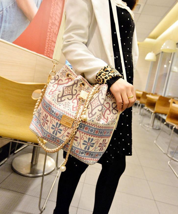 Bohemian Pastel Drawstring Body and Shoulder Bucket Bag-xinru