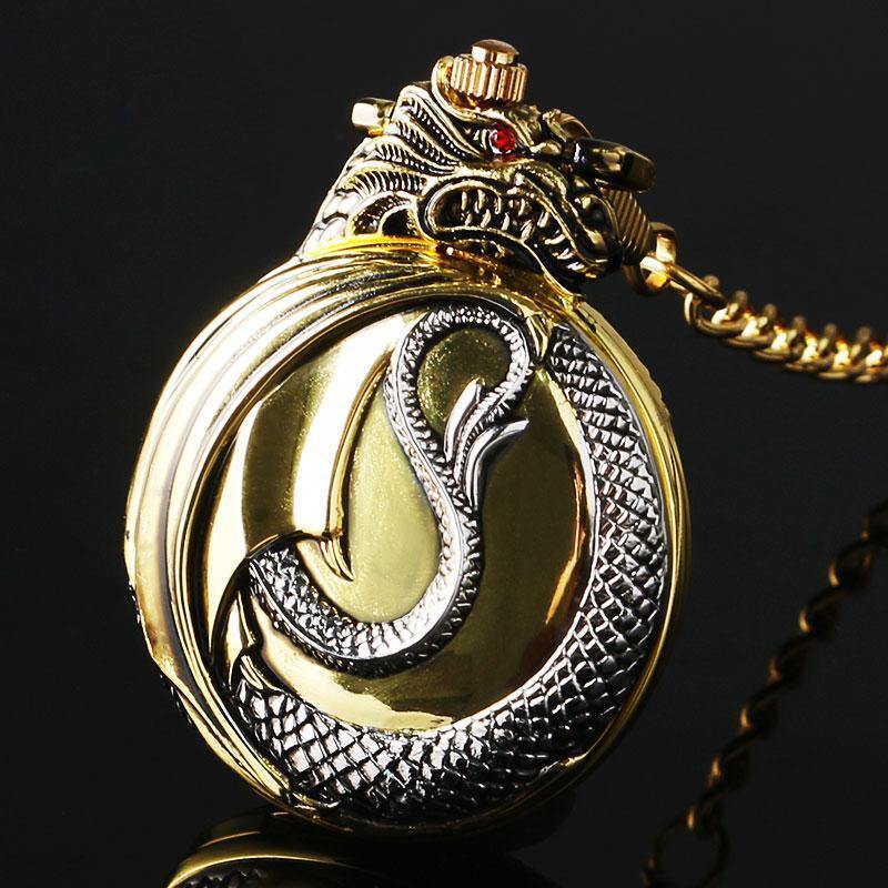 Red Garnet Inset Gold Tone Cover Pocket Watch Luxury Evil Dragon Quartz Clock-xinru