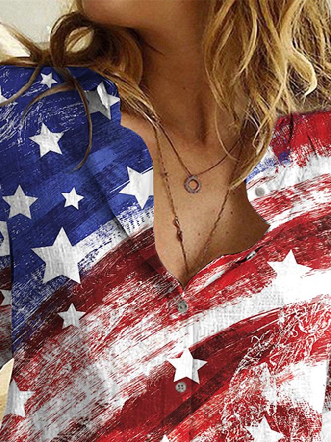 Women Independence Day Clothing Fashion Long Sleeve Printed Shirt-xinru