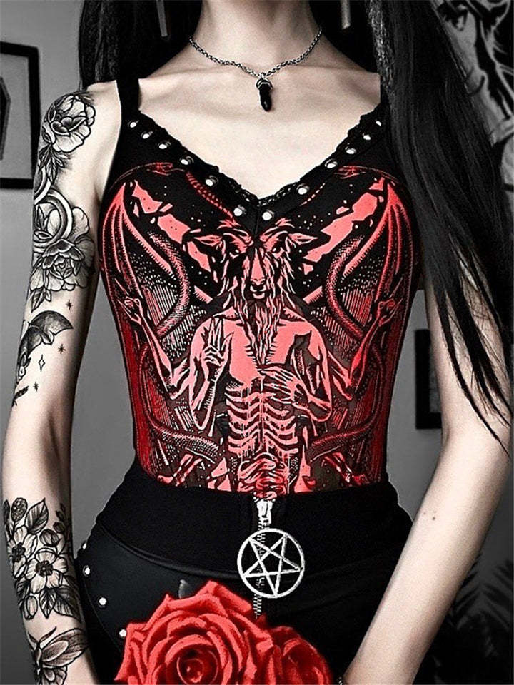 Women's Goth Punk Baphomet Dragon Print Backless Red Bodysuit-xinru