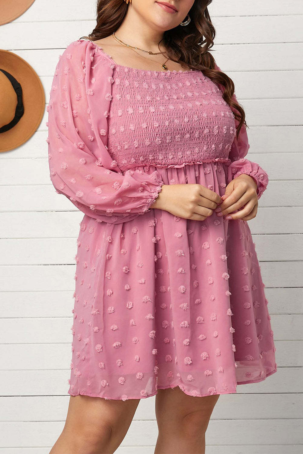 Pink Swiss Dot Smocked Puff Sleeve Plus Size Dress-xinru