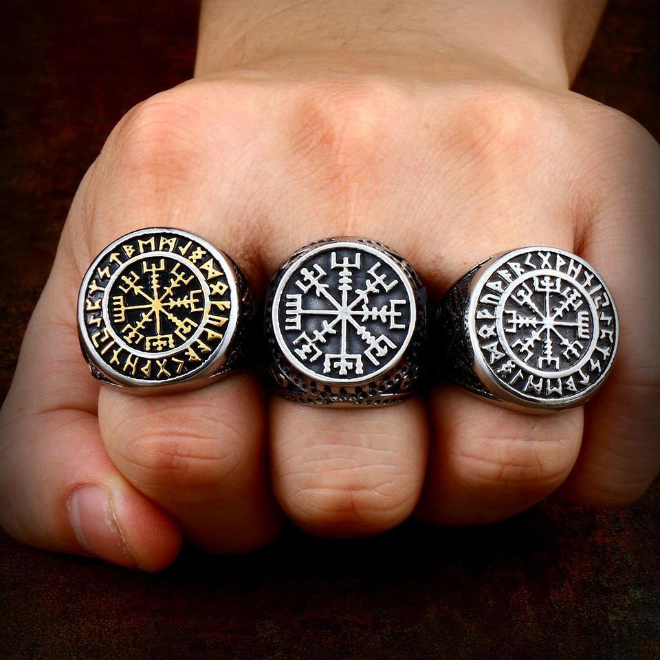 Mens Gold Viking Vegvisir Compass Signet Rune Ring Stainless Steel-xinru