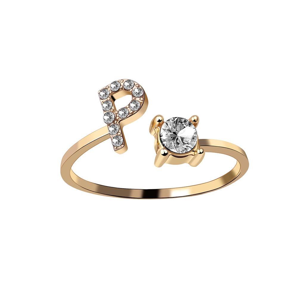 Golden Adjustable A-Z Personalized Initial Letter with Rhinestone Rings-xinru