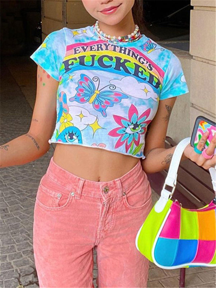 Women Stylish O Neck Rainbow Printed Crop Tops-xinru