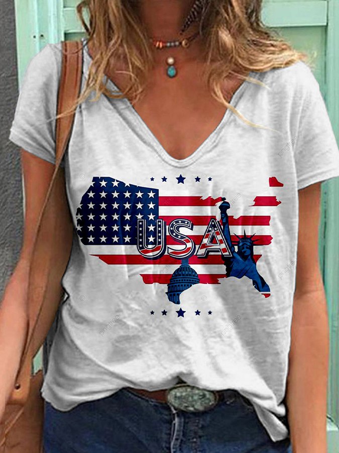 Women's Independence Day Flag Printed T-shirt-xinru
