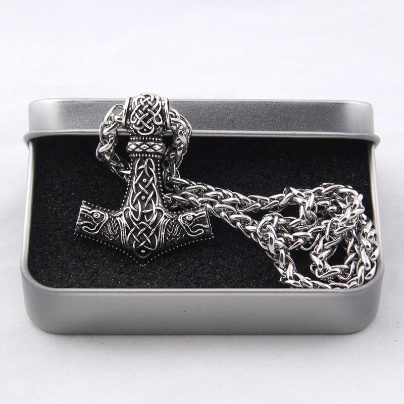 Men閳ユ獨 Stainless Steel Vikings Thor's Hammer Scandinavian Amulet Necklace Pendant-xinru