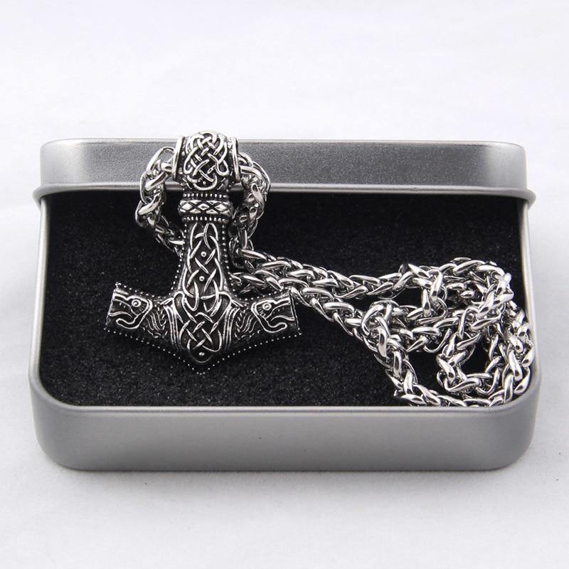 Men閳ユ獨 Stainless Steel Vikings Thor's Hammer Scandinavian Amulet Necklace Pendant-xinru