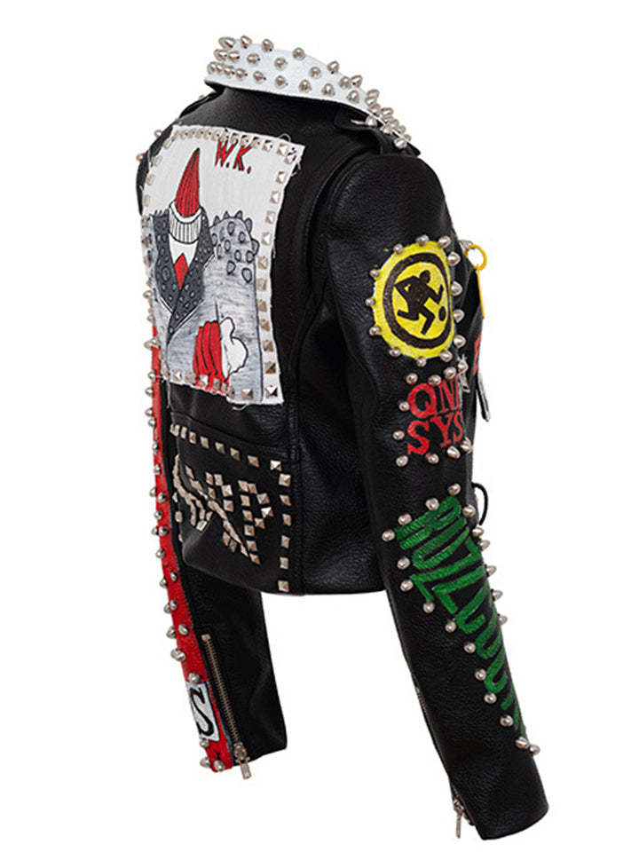 Women Street Style Graffiti Spiked Leather Jacket-xinru