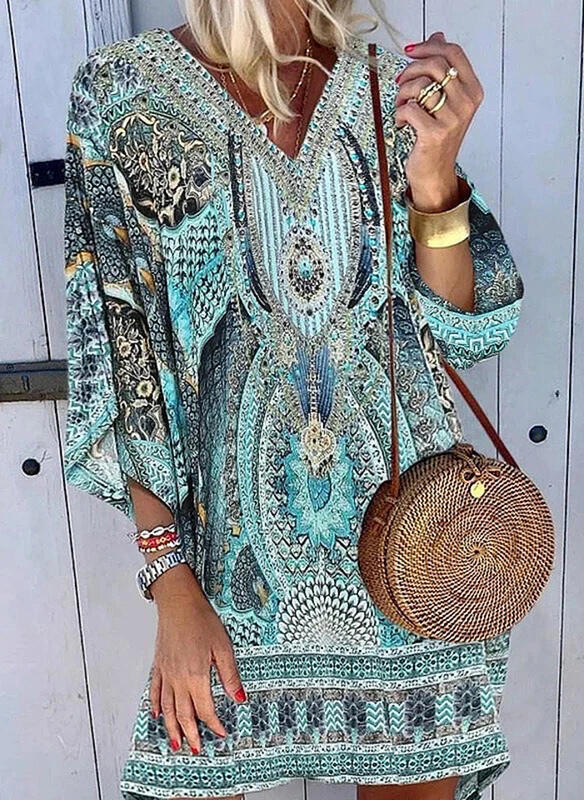 Boho V-Neck Long Sleeve Printed Casual Dress-xinru