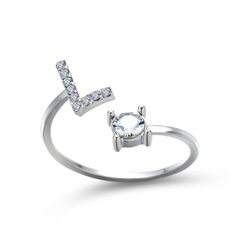 Golden Adjustable A-Z Personalized Initial Letter with Rhinestone Rings-xinru