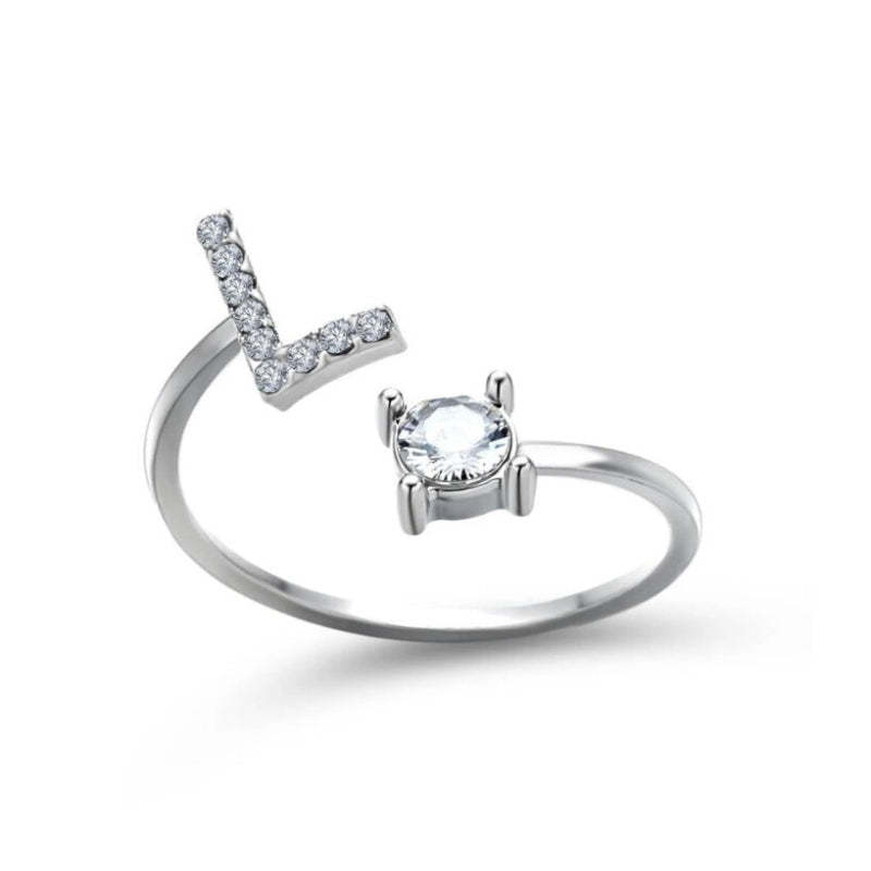 Golden Adjustable A-Z Personalized Initial Letter with Rhinestone Rings-xinru
