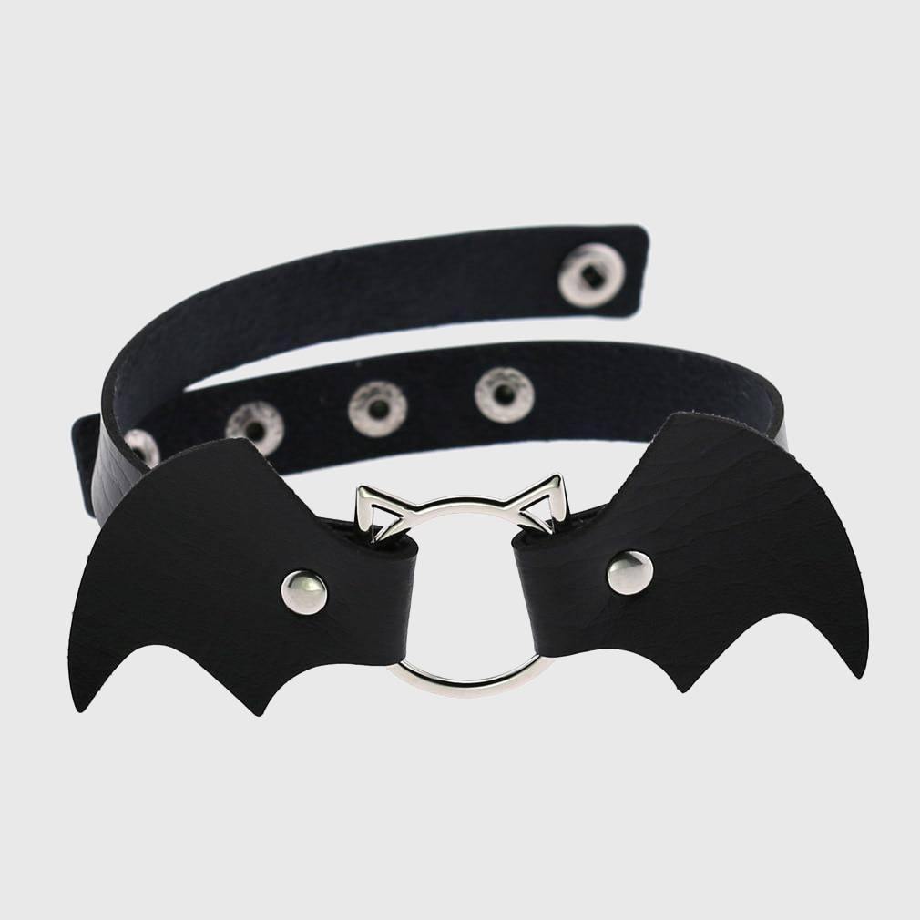 Women Heart Rivet Bat Wings Black Leather Choker Collar Necklace Party-xinru