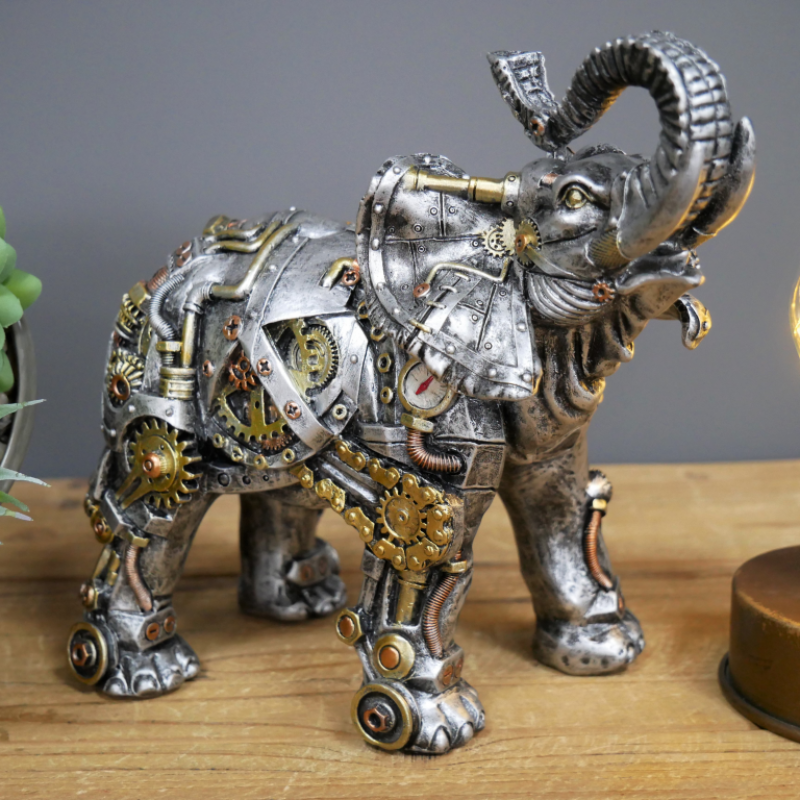 Metallic Silver Copper and Gold Gothic Steampunk Elephant Statue-xinru