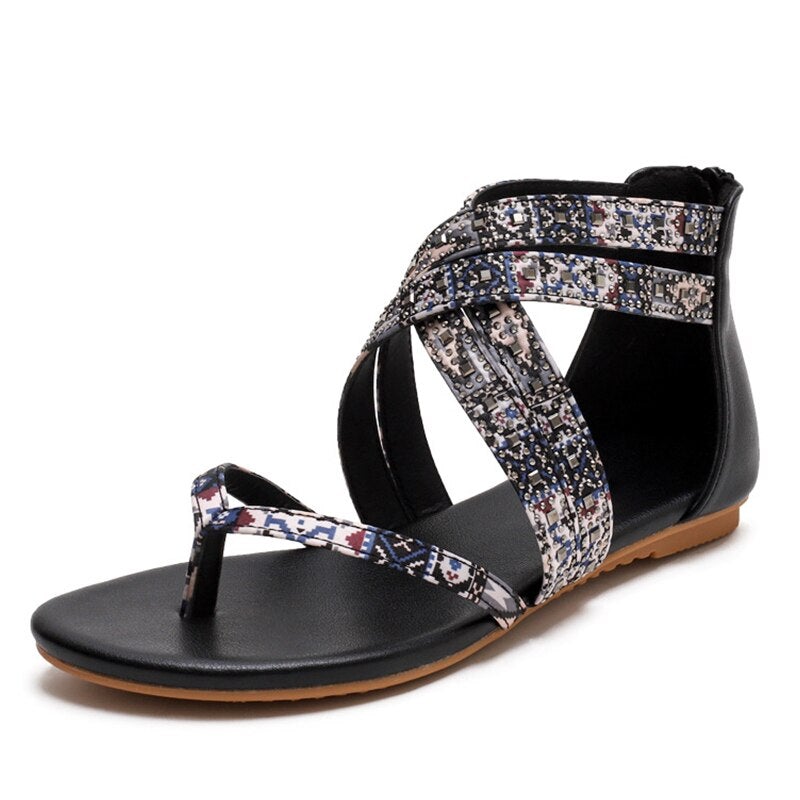 Women's Ethnic Floral Zipper Casual Flat Sandals 2022 Summer Clip Toe Retro Ladies Shoes-xinru