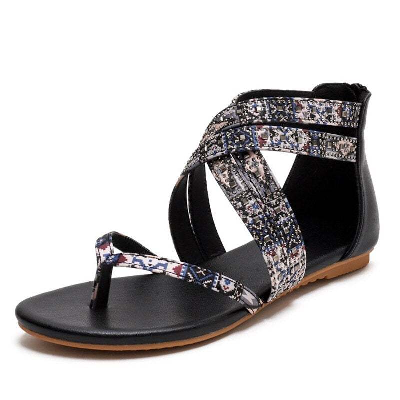 Women's Ethnic Floral Zipper Casual Flat Sandals 2022 Summer Clip Toe Retro Ladies Shoes-xinru