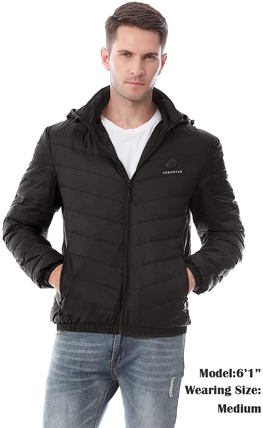 Men's Down Heated Jacket with Battery Pack 7.4V and Detachable Hood-xinru shop