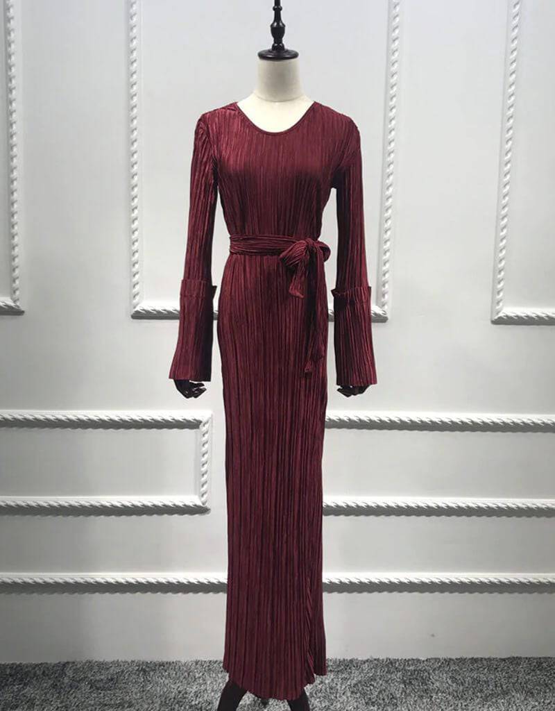 Women's Belt Pleated Robe Muslim Dress-xinru